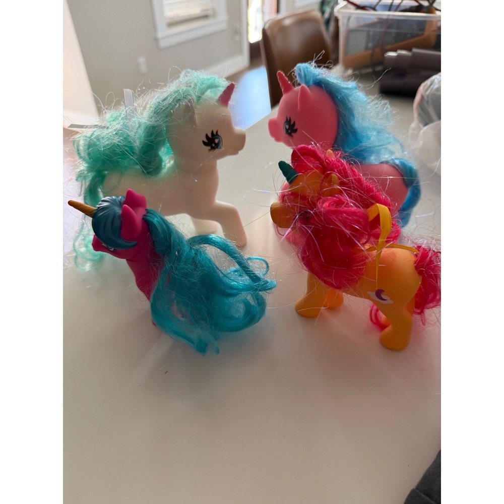 Lot of 4 Unicorn Pony Figures Colorful Tinsel Hair Butterfly Mushroom Moon Toys